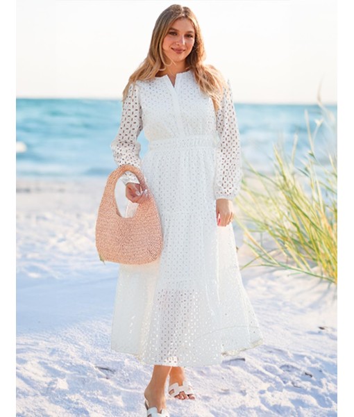 ZESICA Women's 2025 Fall Long Sleeve Maxi Dress V Neck Hollow Out Eyelet A Line Long Flowy Casual Party Dresses