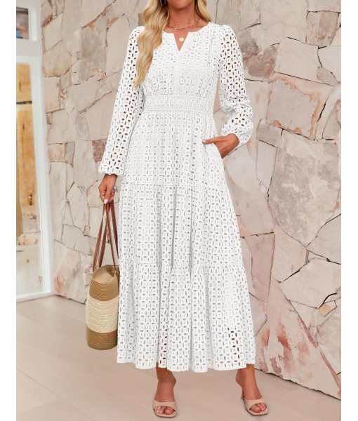 ZESICA Women's 2025 Fall Long Sleeve Maxi Dress V Neck Hollow Out Eyelet A Line Long Flowy Casual Party Dresses