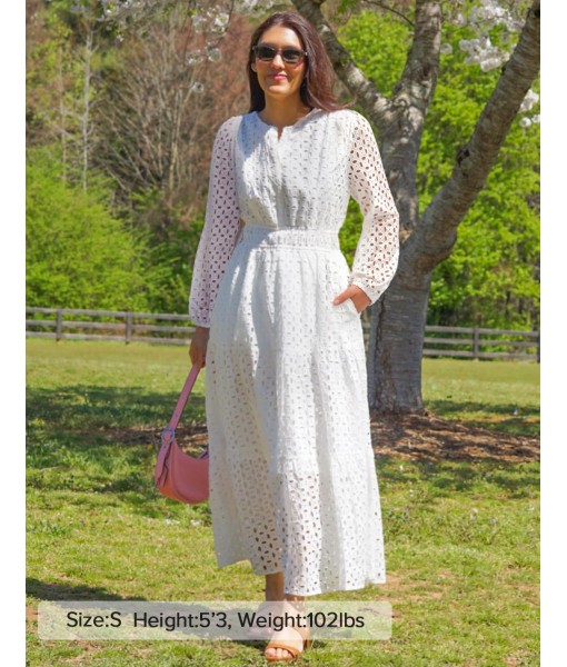 ZESICA Women's 2025 Fall Long Sleeve Maxi Dress V Neck Hollow Out Eyelet A Line Long Flowy Casual Party Dresses