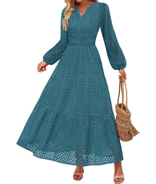 ZESICA Women's 2025 Fall Long Sleeve Maxi Dress V Neck Hollow Out Eyelet A Line Long Flowy Casual Party Dresses