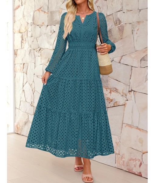 ZESICA Women's 2025 Fall Long Sleeve Maxi Dress V Neck Hollow Out Eyelet A Line Long Flowy Casual Party Dresses