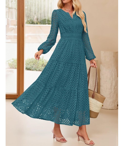 ZESICA Women's 2025 Fall Long Sleeve Maxi Dress V Neck Hollow Out Eyelet A Line Long Flowy Casual Party Dresses