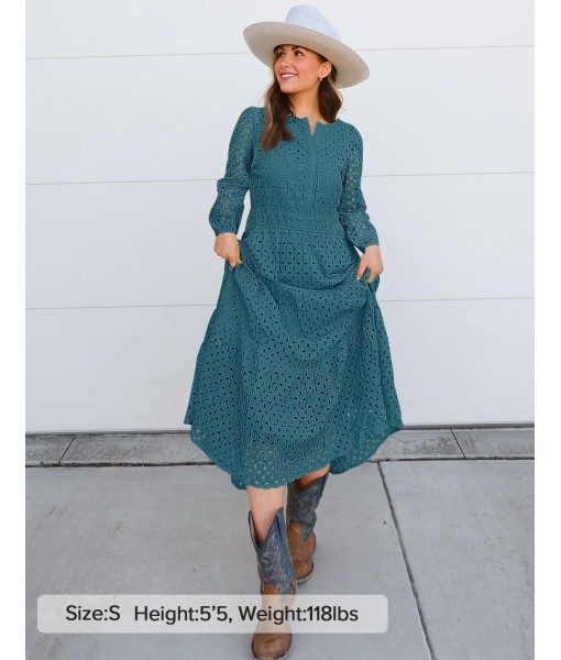 ZESICA Women's 2025 Fall Long Sleeve Maxi Dress V Neck Hollow Out Eyelet A Line Long Flowy Casual Party Dresses