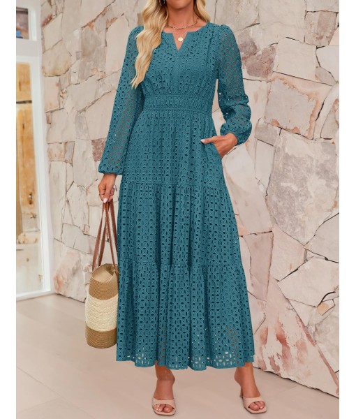 ZESICA Women's 2025 Fall Long Sleeve Maxi Dress V Neck Hollow Out Eyelet A Line Long Flowy Casual Party Dresses