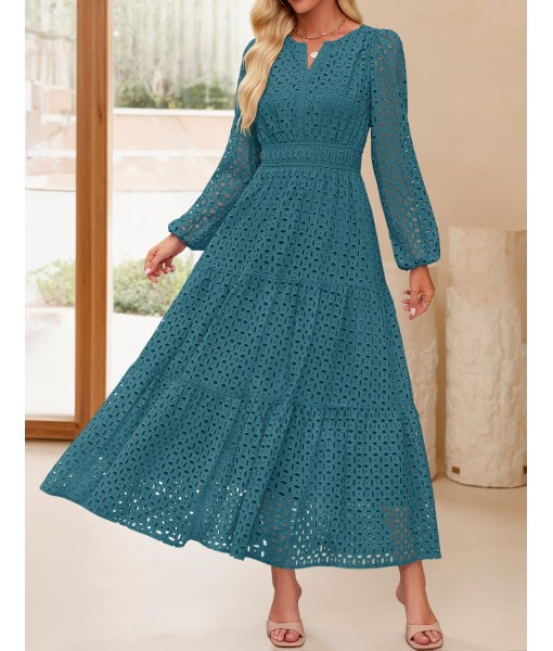 ZESICA Women's 2025 Fall Long Sleeve Maxi Dress V Neck Hollow Out Eyelet A Line Long Flowy Casual Party Dresses