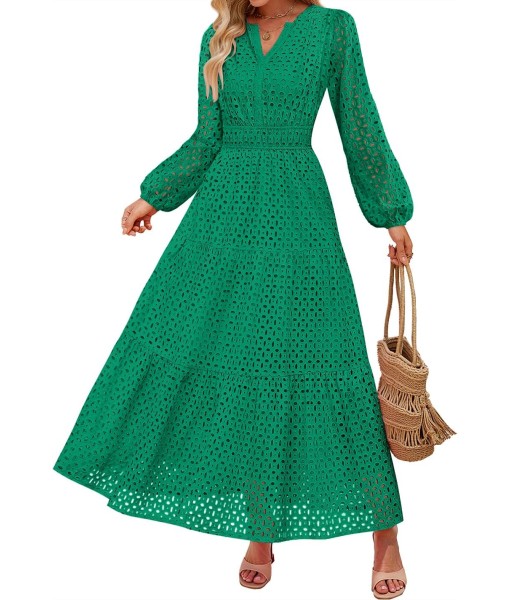 ZESICA Women's 2025 Fall Long Sleeve Maxi Dress V Neck Hollow Out Eyelet A Line Long Flowy Casual Party Dresses
