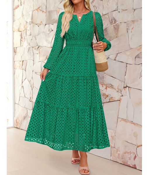 ZESICA Women's 2025 Fall Long Sleeve Maxi Dress V Neck Hollow Out Eyelet A Line Long Flowy Casual Party Dresses