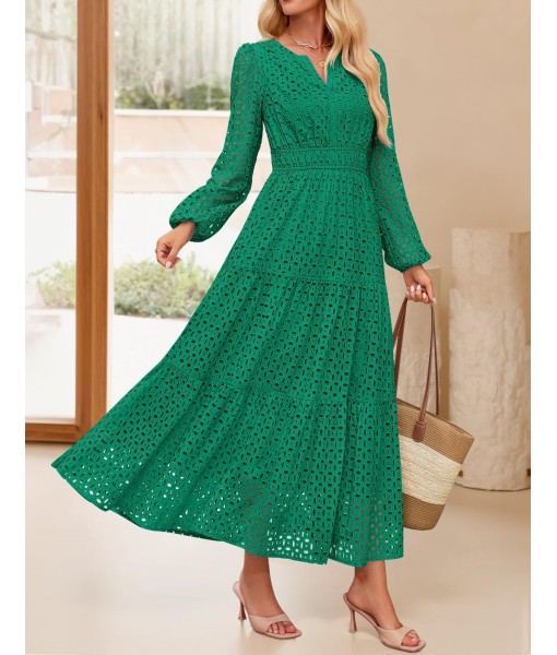 ZESICA Women's 2025 Fall Long Sleeve Maxi Dress V Neck Hollow Out Eyelet A Line Long Flowy Casual Party Dresses