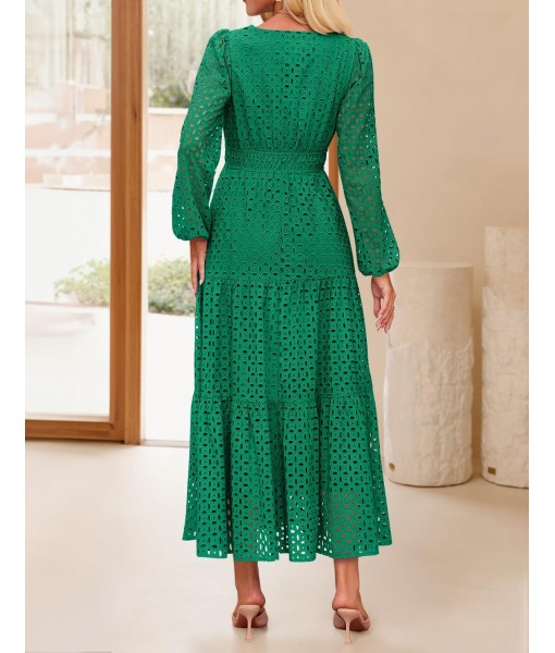ZESICA Women's 2025 Fall Long Sleeve Maxi Dress V Neck Hollow Out Eyelet A Line Long Flowy Casual Party Dresses