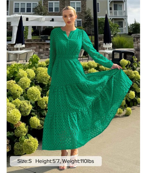 ZESICA Women's 2025 Fall Long Sleeve Maxi Dress V Neck Hollow Out Eyelet A Line Long Flowy Casual Party Dresses