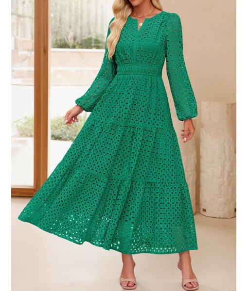 ZESICA Women's 2025 Fall Long Sleeve Maxi Dress V Neck Hollow Out Eyelet A Line Long Flowy Casual Party Dresses