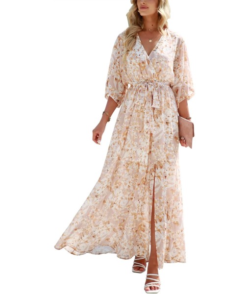 ANRABESS Women’s Summer Loose Boho Flowy Wrap V Neck 3/4 Sleeve Floral Print Slit Beach Wedding Guest Long Maxi Dresses