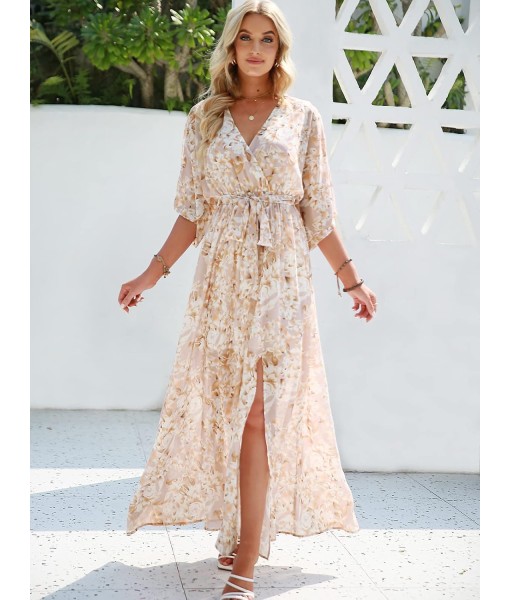 ANRABESS Women’s Summer Loose Boho Flowy Wrap V Neck 3/4 Sleeve Floral Print Slit Beach Wedding Guest Long Maxi Dresses