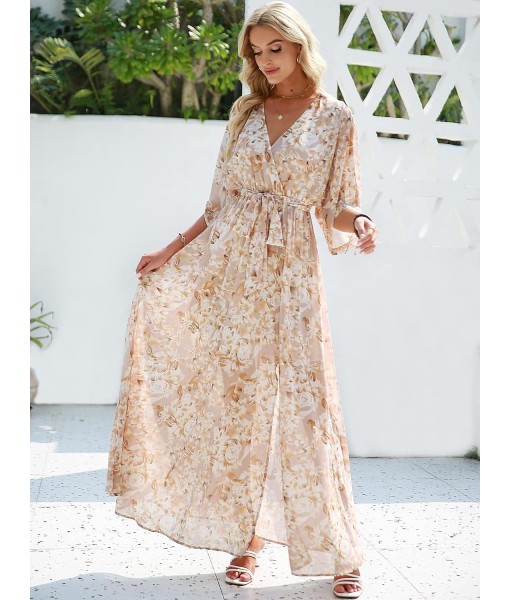 ANRABESS Women’s Summer Loose Boho Flowy Wrap V Neck 3/4 Sleeve Floral Print Slit Beach Wedding Guest Long Maxi Dresses