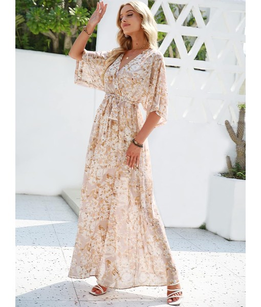 ANRABESS Women’s Summer Loose Boho Flowy Wrap V Neck 3/4 Sleeve Floral Print Slit Beach Wedding Guest Long Maxi Dresses