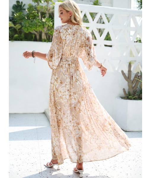 ANRABESS Women’s Summer Loose Boho Flowy Wrap V Neck 3/4 Sleeve Floral Print Slit Beach Wedding Guest Long Maxi Dresses