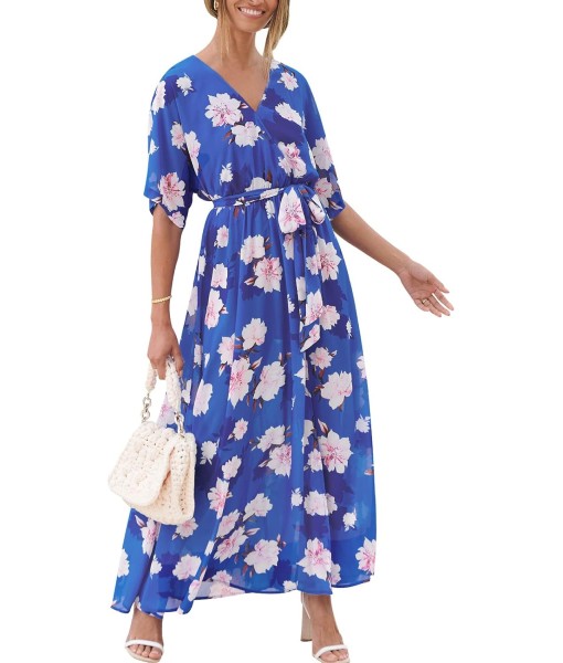 ANRABESS Women’s Summer Loose Boho Flowy Wrap V Neck 3/4 Sleeve Floral Print Slit Beach Wedding Guest Long Maxi Dresses