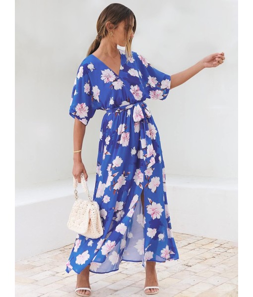 ANRABESS Women’s Summer Loose Boho Flowy Wrap V Neck 3/4 Sleeve Floral Print Slit Beach Wedding Guest Long Maxi Dresses