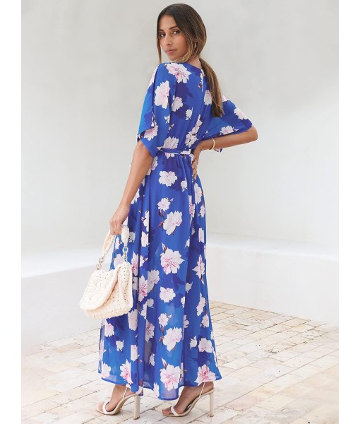 ANRABESS Women’s Summer Loose Boho Flowy Wrap V Neck 3/4 Sleeve Floral Print Slit Beach Wedding Guest Long Maxi Dresses