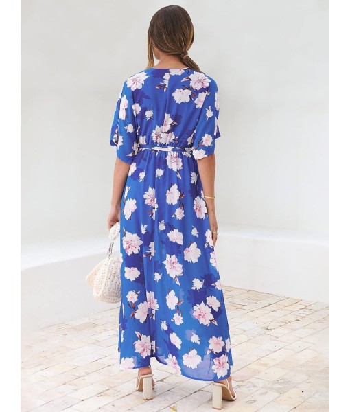 ANRABESS Women’s Summer Loose Boho Flowy Wrap V Neck 3/4 Sleeve Floral Print Slit Beach Wedding Guest Long Maxi Dresses
