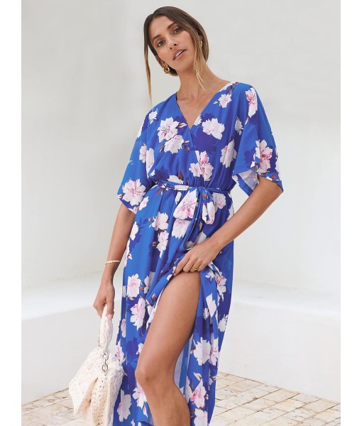 ANRABESS Women’s Summer Loose Boho Flowy Wrap V Neck 3/4 Sleeve Floral Print Slit Beach Wedding Guest Long Maxi Dresses