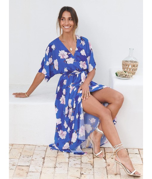 ANRABESS Women’s Summer Loose Boho Flowy Wrap V Neck 3/4 Sleeve Floral Print Slit Beach Wedding Guest Long Maxi Dresses