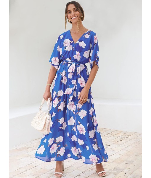 ANRABESS Women’s Summer Loose Boho Flowy Wrap V Neck 3/4 Sleeve Floral Print Slit Beach Wedding Guest Long Maxi Dresses