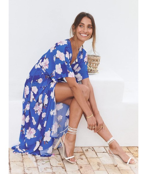ANRABESS Women’s Summer Loose Boho Flowy Wrap V Neck 3/4 Sleeve Floral Print Slit Beach Wedding Guest Long Maxi Dresses