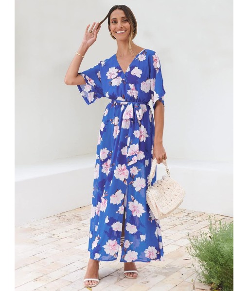 ANRABESS Women’s Summer Loose Boho Flowy Wrap V Neck 3/4 Sleeve Floral Print Slit Beach Wedding Guest Long Maxi Dresses