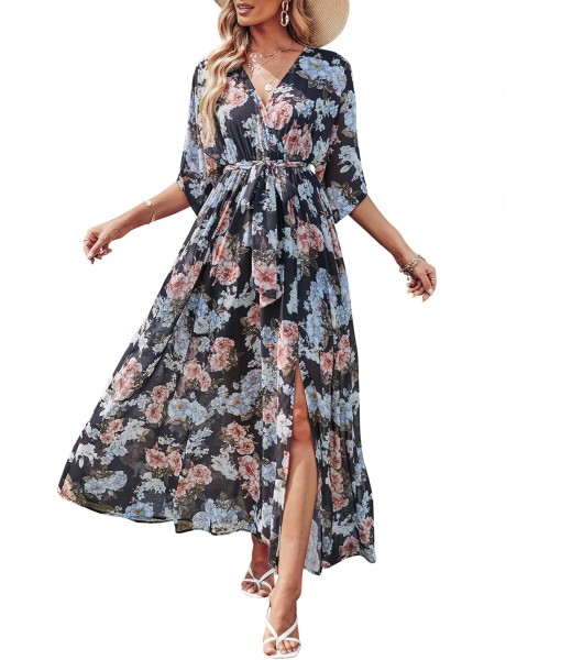 ANRABESS Women’s Summer Loose Boho Flowy Wrap V Neck 3/4 Sleeve Floral Print Slit Beach Wedding Guest Long Maxi Dresses