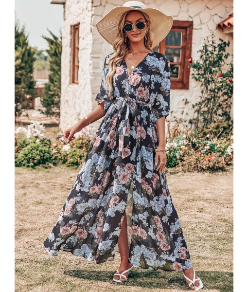 ANRABESS Women’s Summer Loose Boho Flowy Wrap V Neck 3/4 Sleeve Floral Print Slit Beach Wedding Guest Long Maxi Dresses