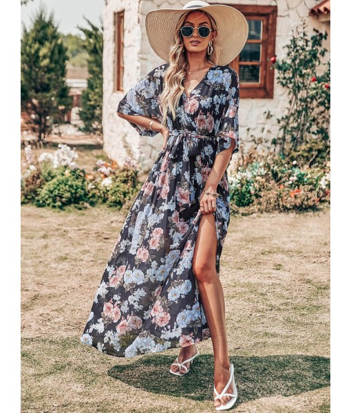 ANRABESS Women’s Summer Loose Boho Flowy Wrap V Neck 3/4 Sleeve Floral Print Slit Beach Wedding Guest Long Maxi Dresses