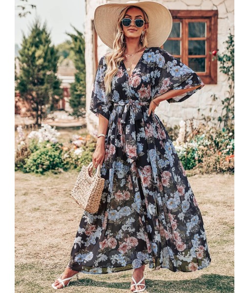 ANRABESS Women’s Summer Loose Boho Flowy Wrap V Neck 3/4 Sleeve Floral Print Slit Beach Wedding Guest Long Maxi Dresses