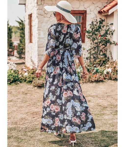 ANRABESS Women’s Summer Loose Boho Flowy Wrap V Neck 3/4 Sleeve Floral Print Slit Beach Wedding Guest Long Maxi Dresses