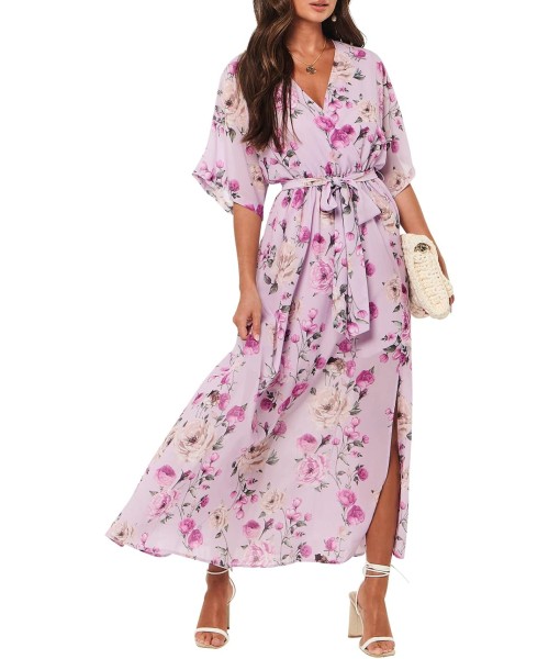 ANRABESS Women’s Summer Loose Boho Flowy Wrap V Neck 3/4 Sleeve Floral Print Slit Beach Wedding Guest Long Maxi Dresses