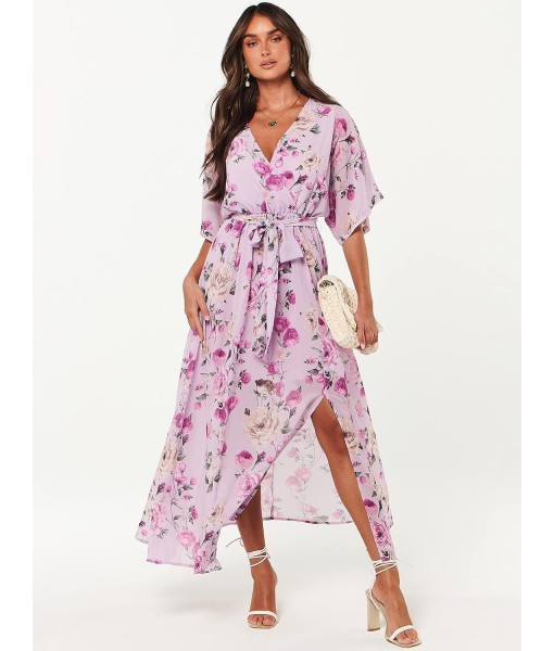 ANRABESS Women’s Summer Loose Boho Flowy Wrap V Neck 3/4 Sleeve Floral Print Slit Beach Wedding Guest Long Maxi Dresses