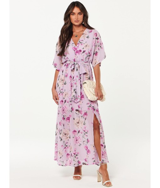 ANRABESS Women’s Summer Loose Boho Flowy Wrap V Neck 3/4 Sleeve Floral Print Slit Beach Wedding Guest Long Maxi Dresses