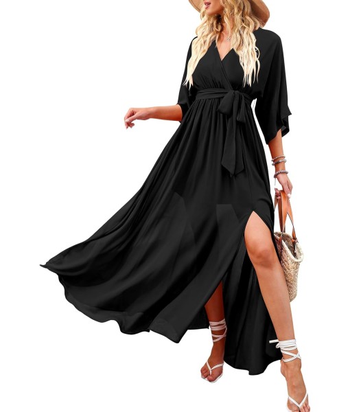 ANRABESS Women’s Summer Loose Boho Flowy Wrap V Neck 3/4 Sleeve Floral Print Slit Beach Wedding Guest Long Maxi Dresses
