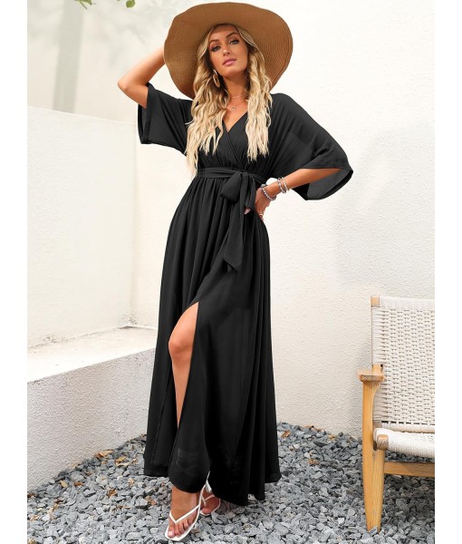 ANRABESS Women’s Summer Loose Boho Flowy Wrap V Neck 3/4 Sleeve Floral Print Slit Beach Wedding Guest Long Maxi Dresses