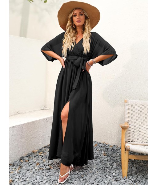 ANRABESS Women’s Summer Loose Boho Flowy Wrap V Neck 3/4 Sleeve Floral Print Slit Beach Wedding Guest Long Maxi Dresses