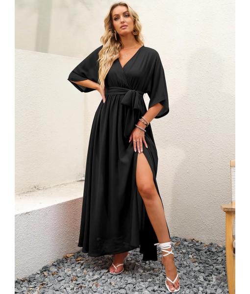 ANRABESS Women’s Summer Loose Boho Flowy Wrap V Neck 3/4 Sleeve Floral Print Slit Beach Wedding Guest Long Maxi Dresses