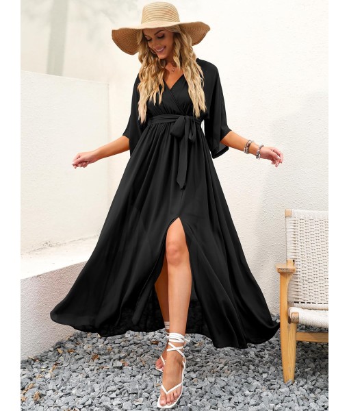 ANRABESS Women’s Summer Loose Boho Flowy Wrap V Neck 3/4 Sleeve Floral Print Slit Beach Wedding Guest Long Maxi Dresses