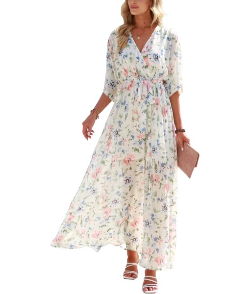 ANRABESS Women’s Summer Loose Boho Flowy Wrap V Neck 3/4 Sleeve Floral Print Slit Beach Wedding Guest Long Maxi Dresses
