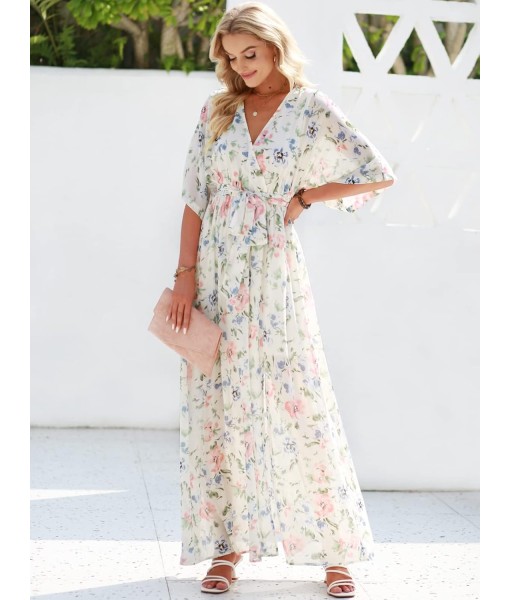 ANRABESS Women’s Summer Loose Boho Flowy Wrap V Neck 3/4 Sleeve Floral Print Slit Beach Wedding Guest Long Maxi Dresses