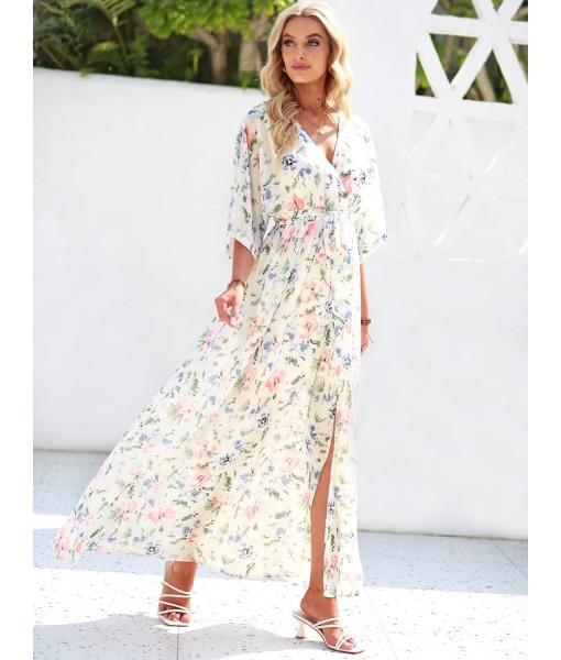 ANRABESS Women’s Summer Loose Boho Flowy Wrap V Neck 3/4 Sleeve Floral Print Slit Beach Wedding Guest Long Maxi Dresses