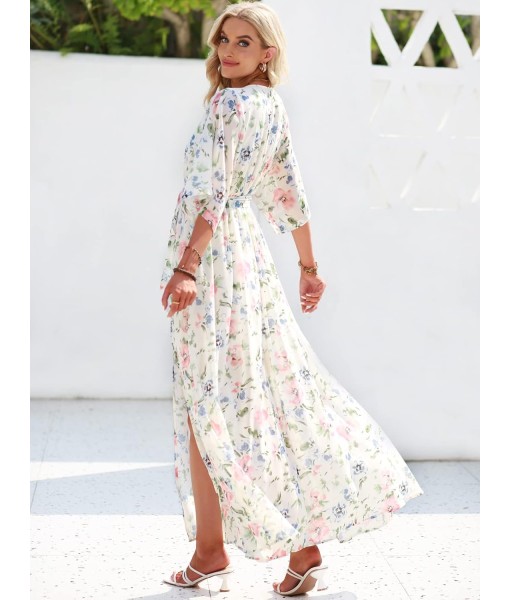 ANRABESS Women’s Summer Loose Boho Flowy Wrap V Neck 3/4 Sleeve Floral Print Slit Beach Wedding Guest Long Maxi Dresses