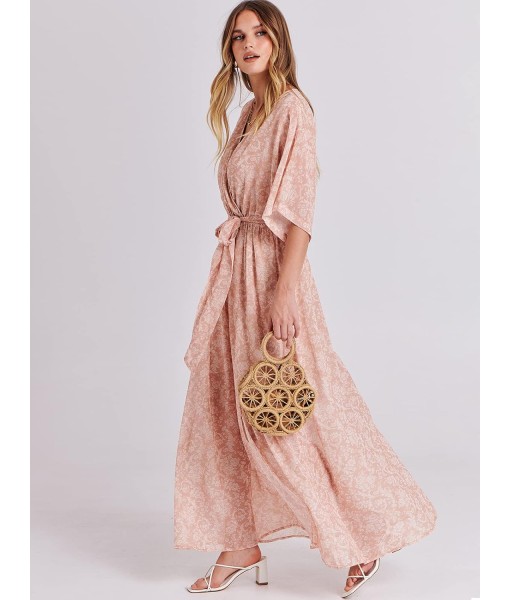 ANRABESS Women’s Summer Loose Boho Flowy Wrap V Neck 3/4 Sleeve Floral Print Slit Beach Wedding Guest Long Maxi Dresses