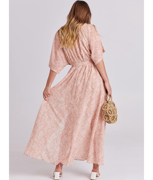 ANRABESS Women’s Summer Loose Boho Flowy Wrap V Neck 3/4 Sleeve Floral Print Slit Beach Wedding Guest Long Maxi Dresses