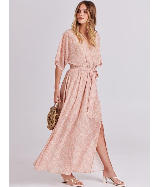 ANRABESS Women’s Summer Loose Boho Flowy Wrap V Neck 3/4 Sleeve Floral Print Slit Beach Wedding Guest Long Maxi Dresses