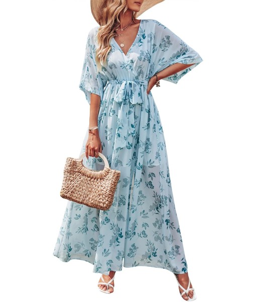 ANRABESS Women’s Summer Loose Boho Flowy Wrap V Neck 3/4 Sleeve Floral Print Slit Beach Wedding Guest Long Maxi Dresses
